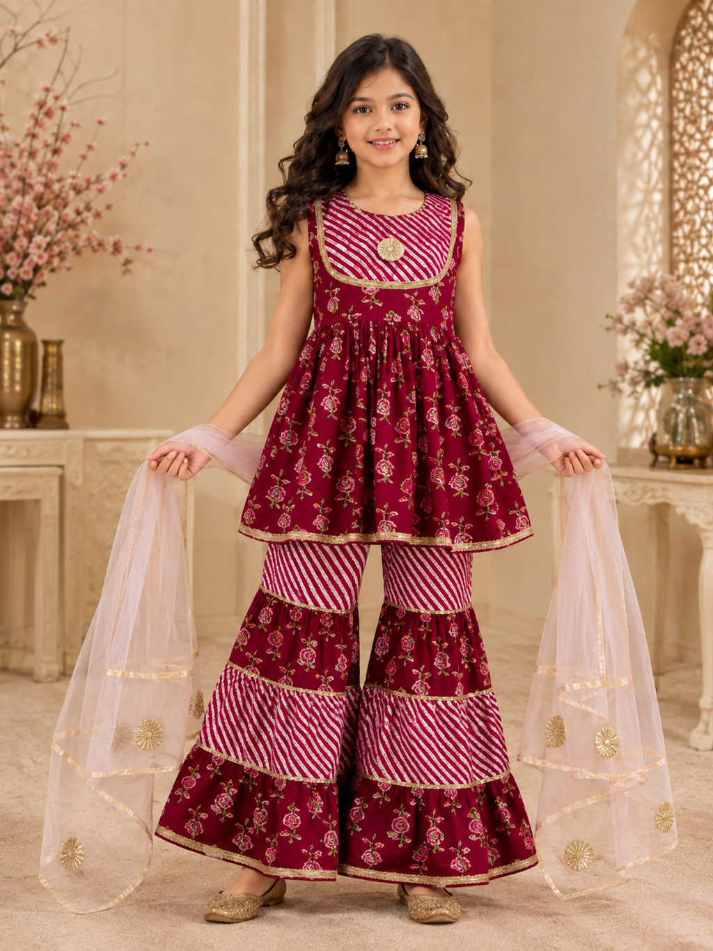 Pink Floral Printed Girls Dress with Striped Panel Detailing